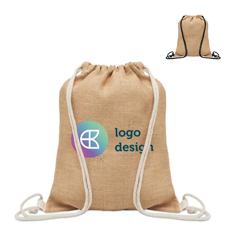 Jute rugzak met trekkoordsluiting en beige of zwart koord