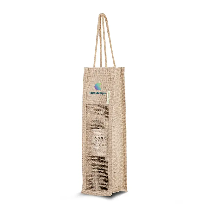 Jute wijntas voor één fles met zichtbare voorkant